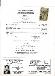 Lyric Opera of Chicago. Chicago, Illinois 19 November 1960 Giacomo Puccini, Tosca